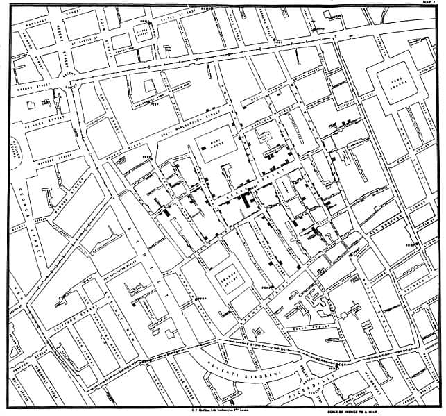 1855 London Street map showing clusters of cholera cases